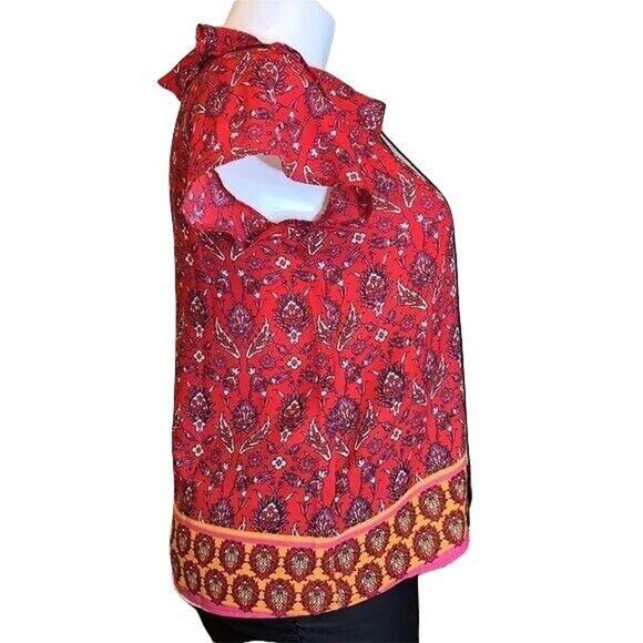 W5 Womens Blouse Top Ruffled V Neck Collar Relaxed Fit Short Sleeve Red Large - Picture 3 of 8